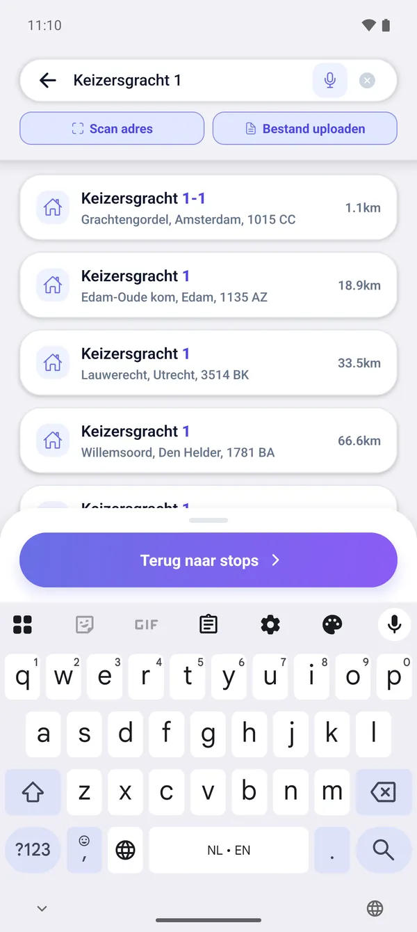 Een adres zoeken en een bezorgstop toevoegen