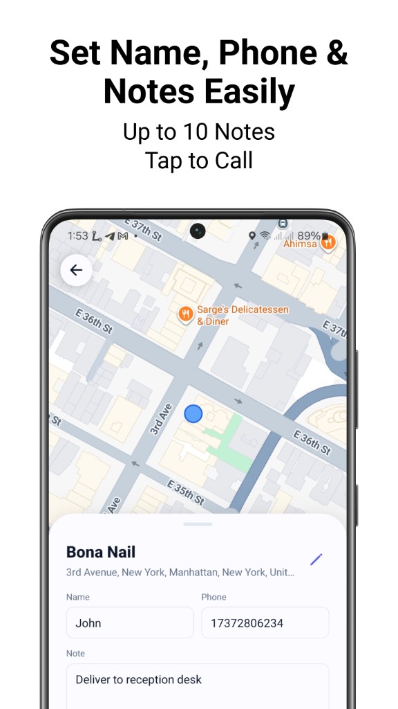 Delivery stop details and map — courier route planner Android