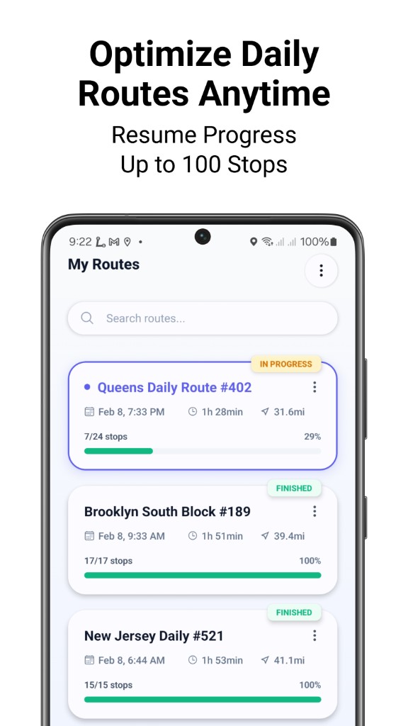 My routes list — saved courier and delivery routes