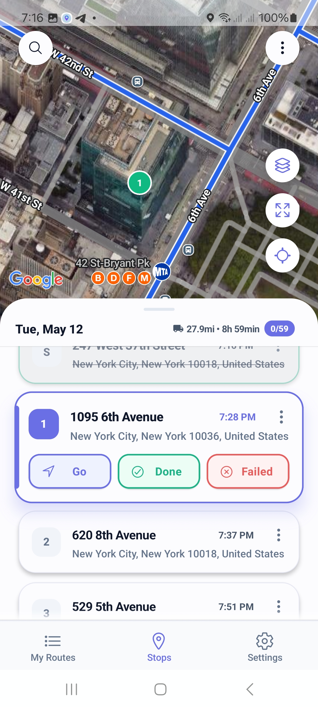 Active delivery stop with Go, Done and Failed buttons — track every stop with live ETA