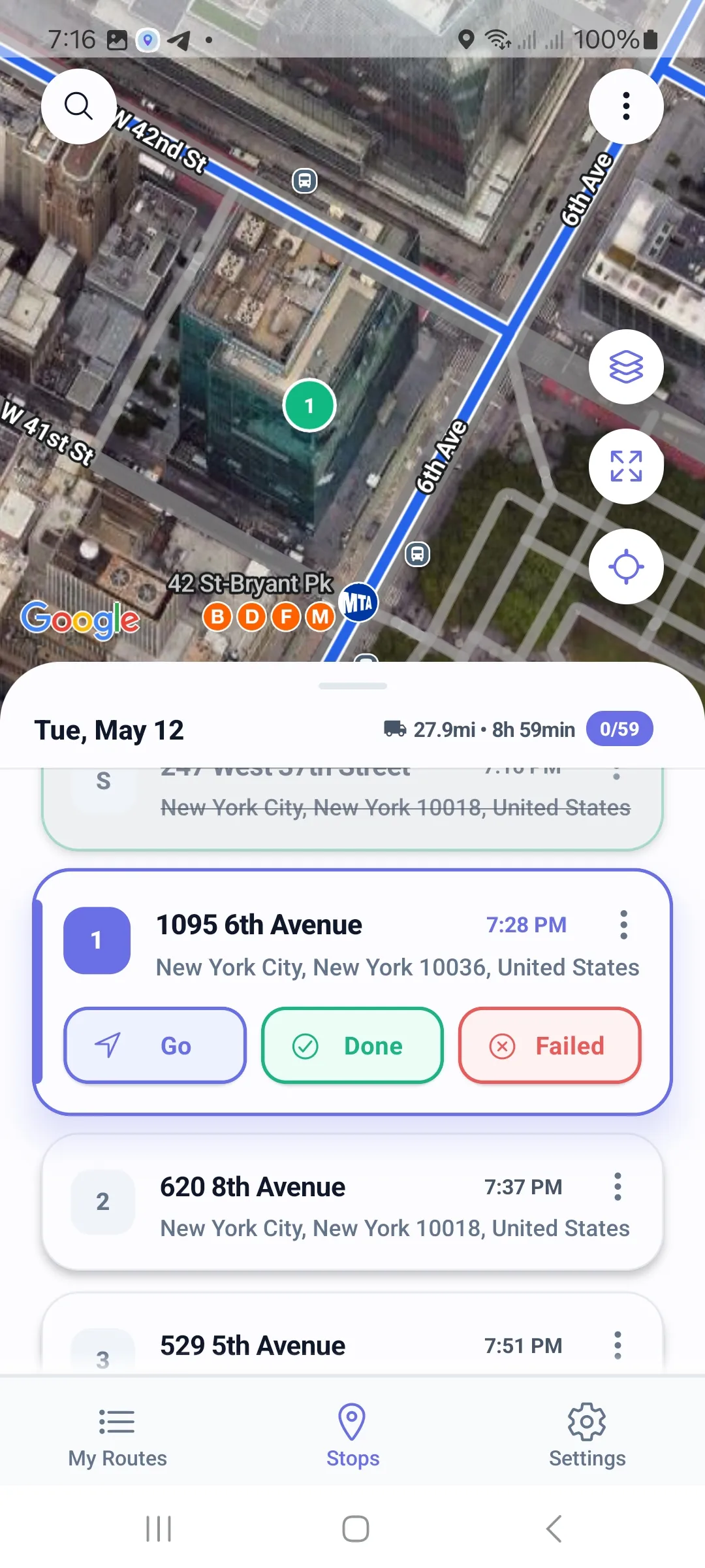 Active delivery stop with Go, Done and Failed buttons — track every stop with live ETA
