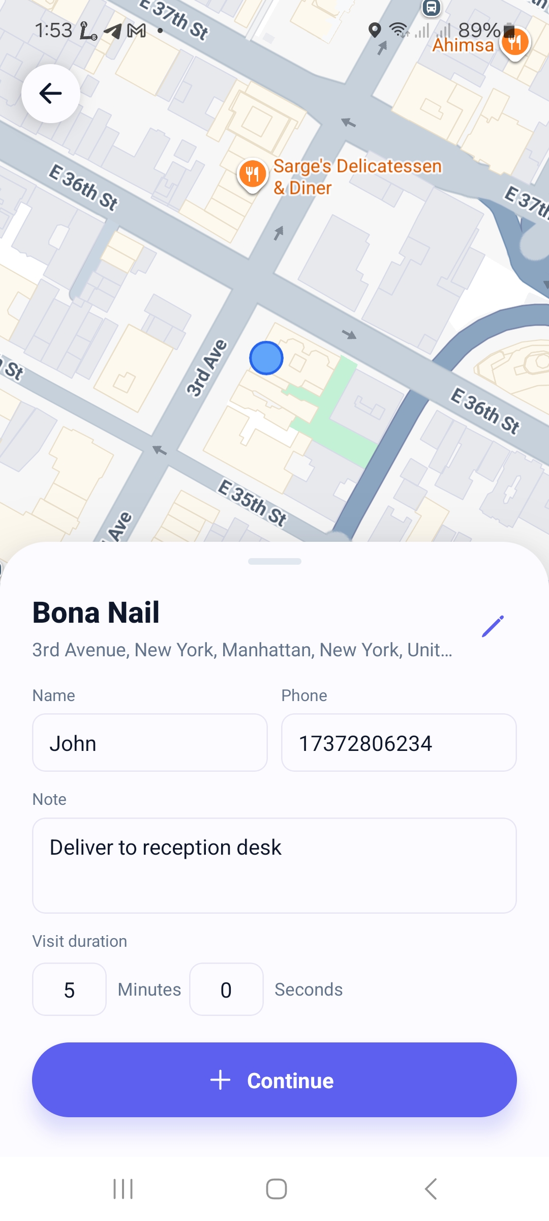 Delivery stop details — name, phone, gate-code note and visit duration on one map screen