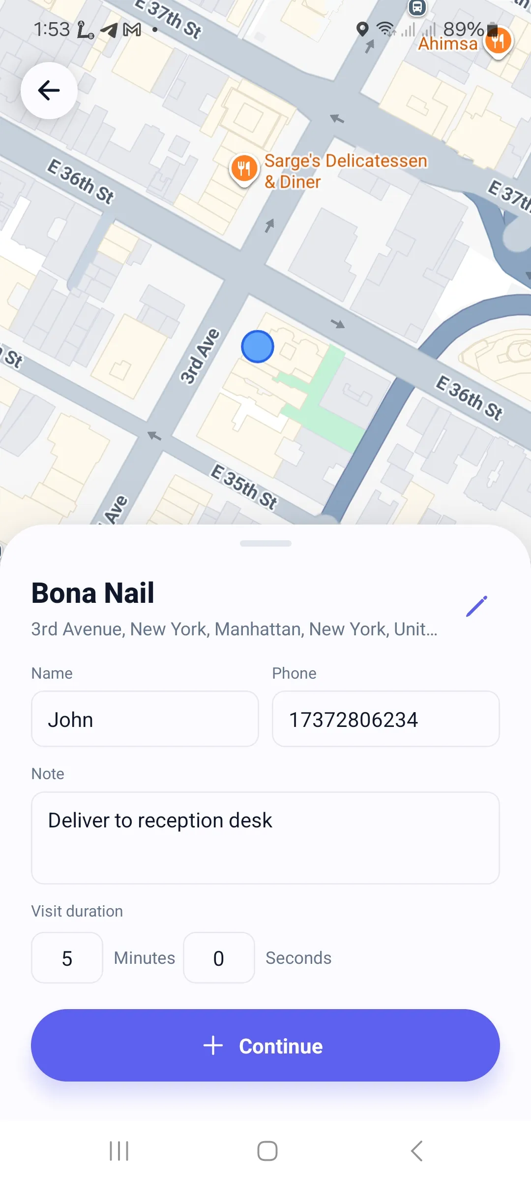 Delivery stop details — name, phone, gate-code note and visit duration on one map screen