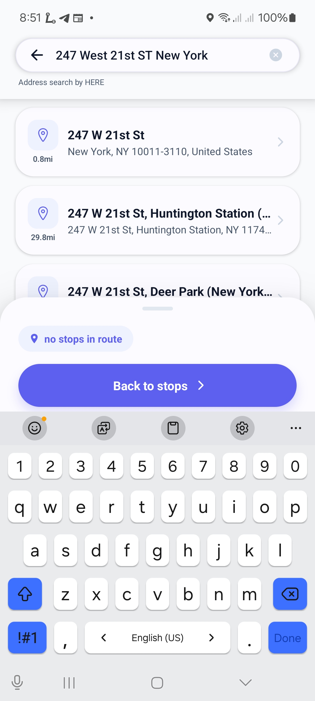 Address search with HERE suggestions — add a delivery stop in seconds