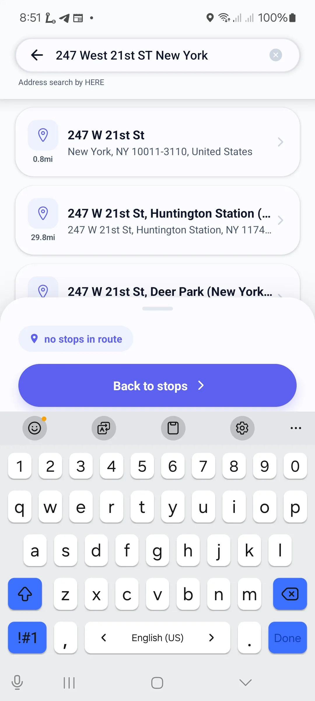 Address search with HERE suggestions — add a delivery stop in seconds