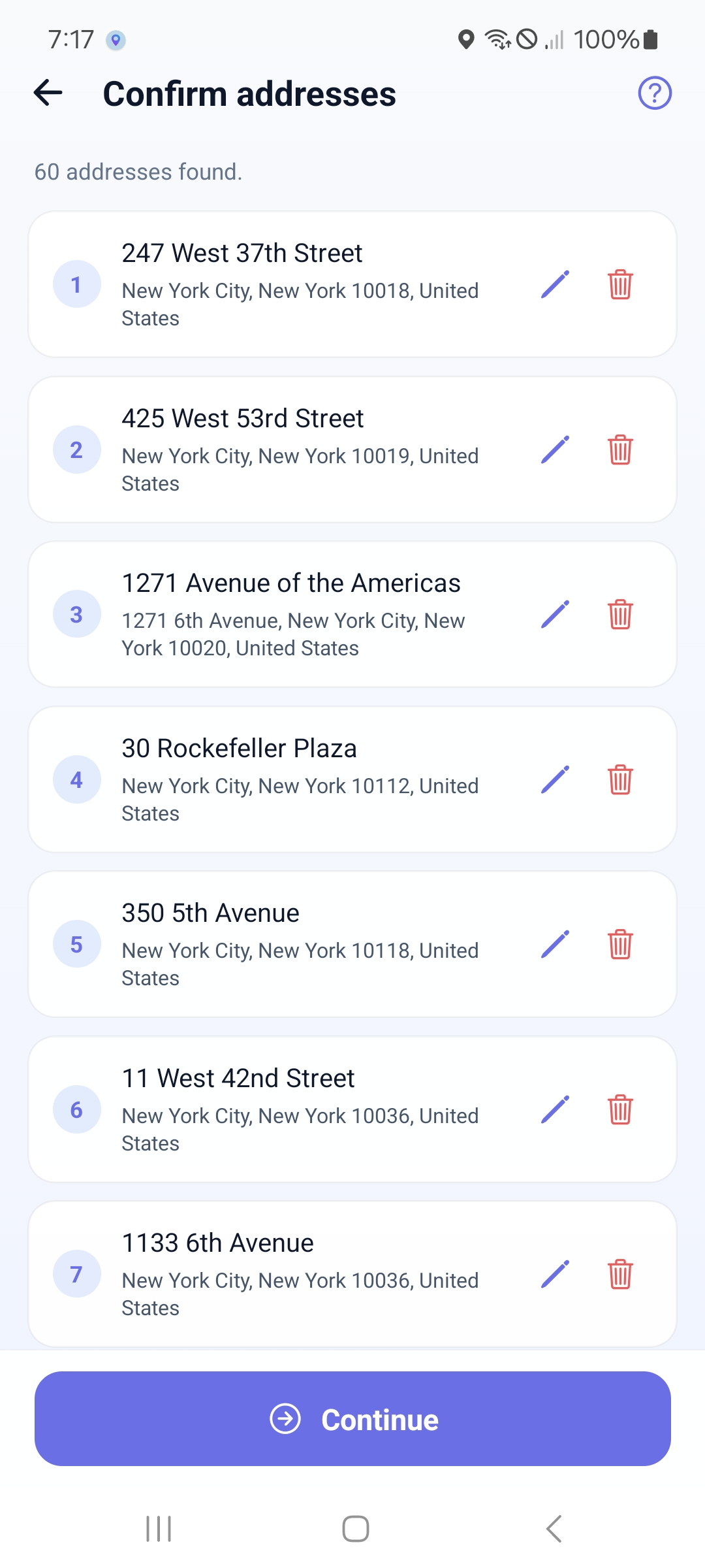 CSV / Excel import: 60 dispatch addresses confirmed before route optimization