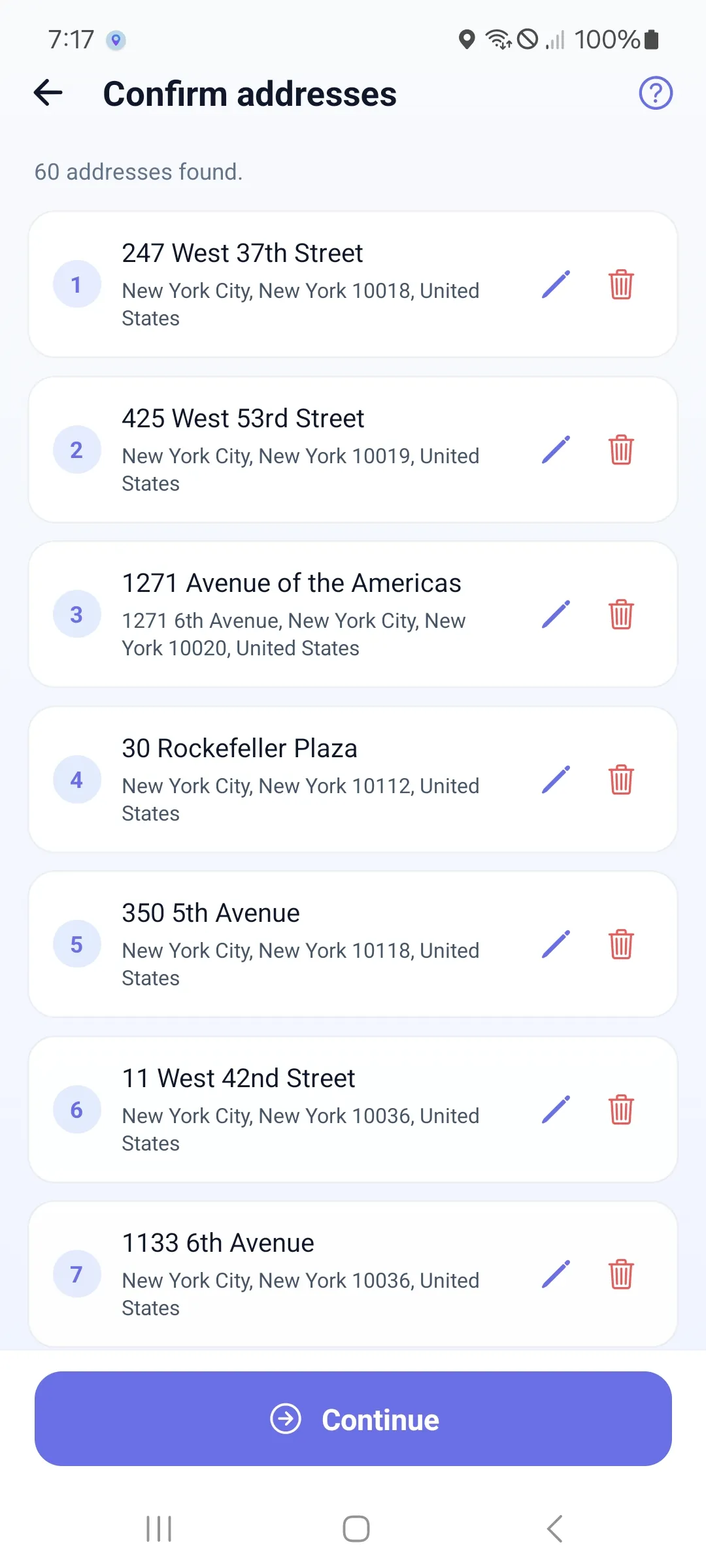 CSV / Excel import: 60 dispatch addresses confirmed before route optimization