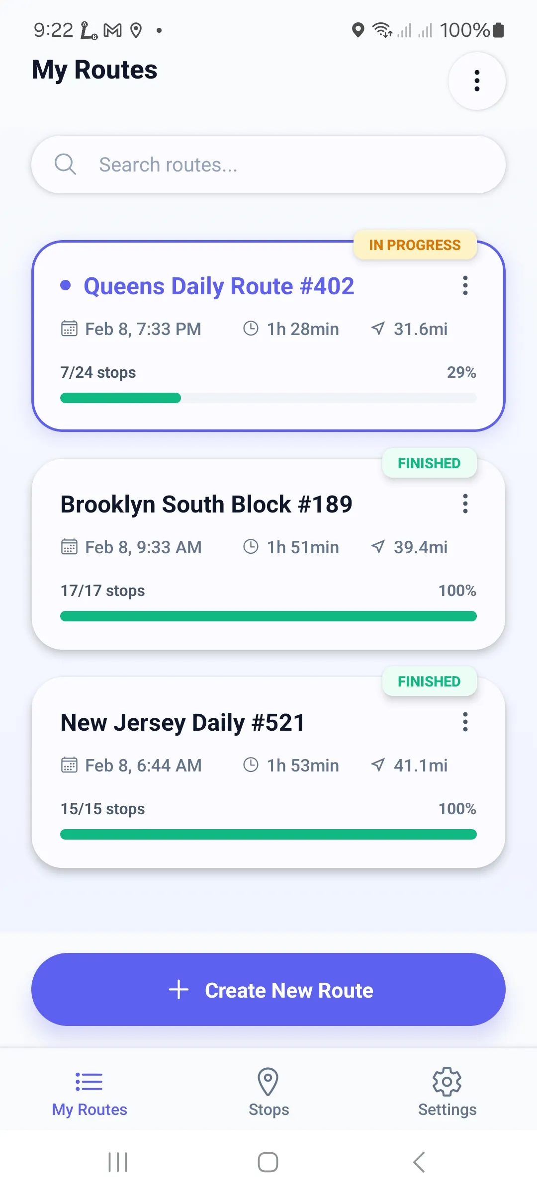 My Routes — saved daily courier routes with progress, distance and duration per route