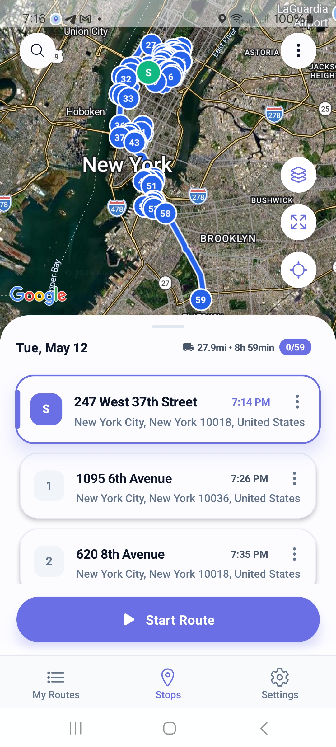 Optimized multi-stop delivery route: 27.9 miles, 8h 59min, 0/59 stops, ready to start in Google Maps or Waze