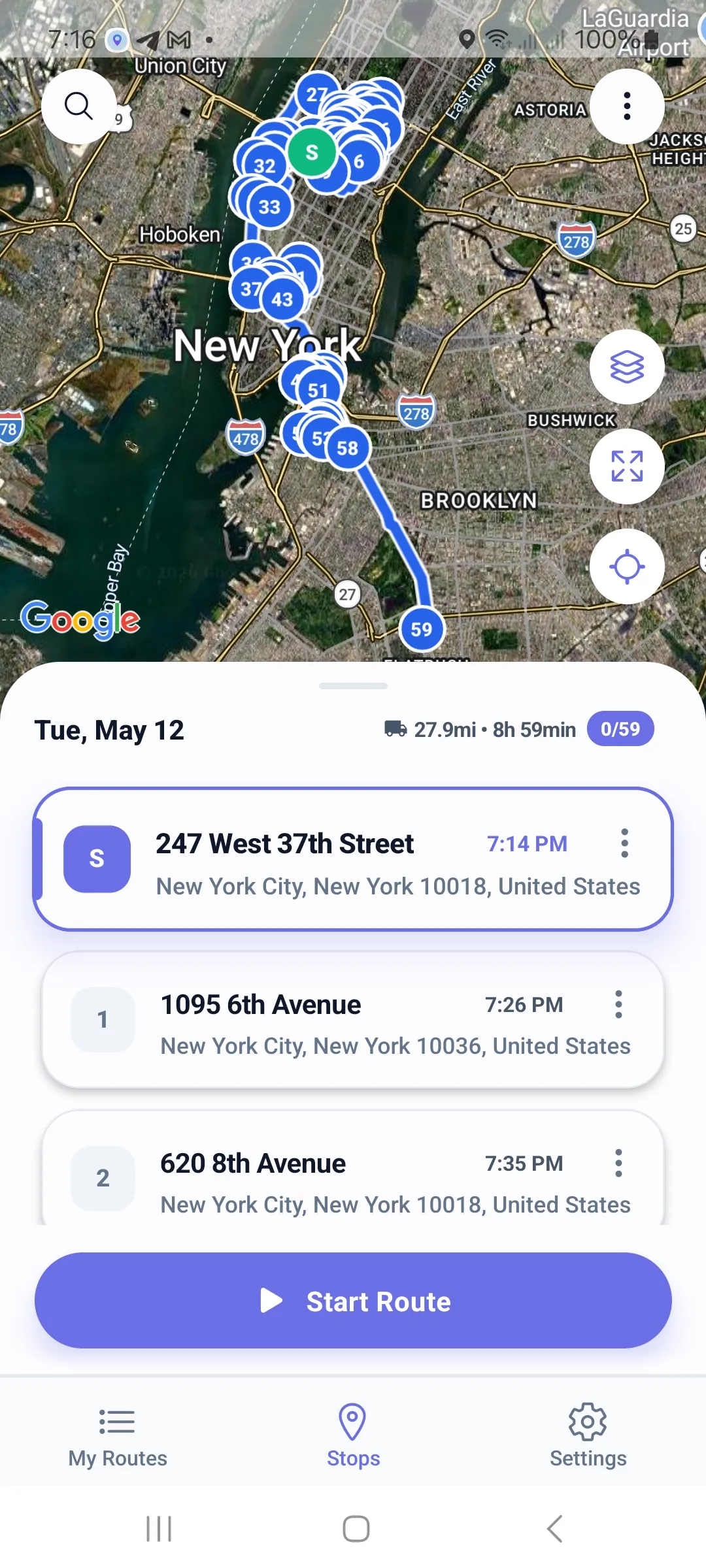 Optimized multi-stop delivery route: 27.9 miles, 8h 59min, 0/59 stops, ready to start in Google Maps or Waze