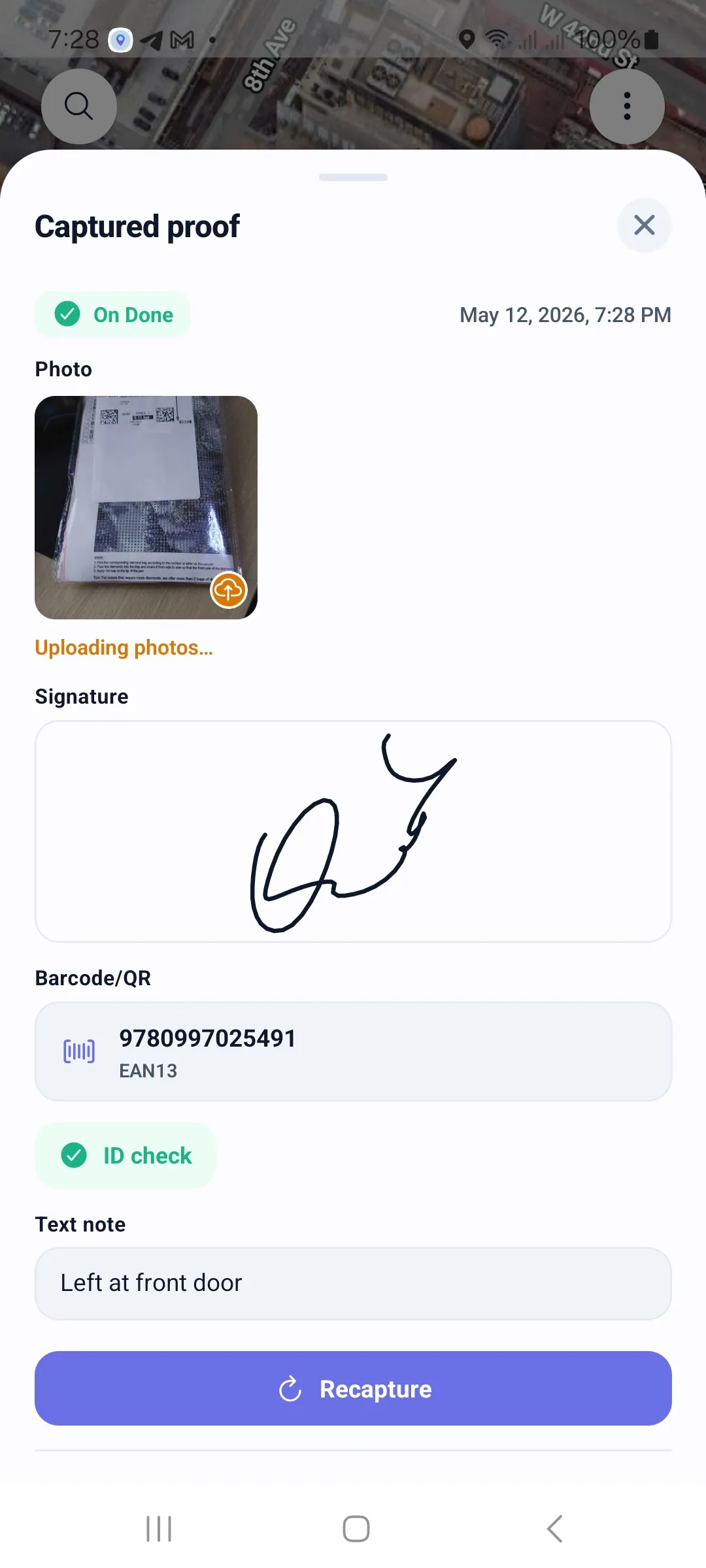 Proof of delivery captured: parcel photo, signature, EAN-13 barcode, ID check and free-text note