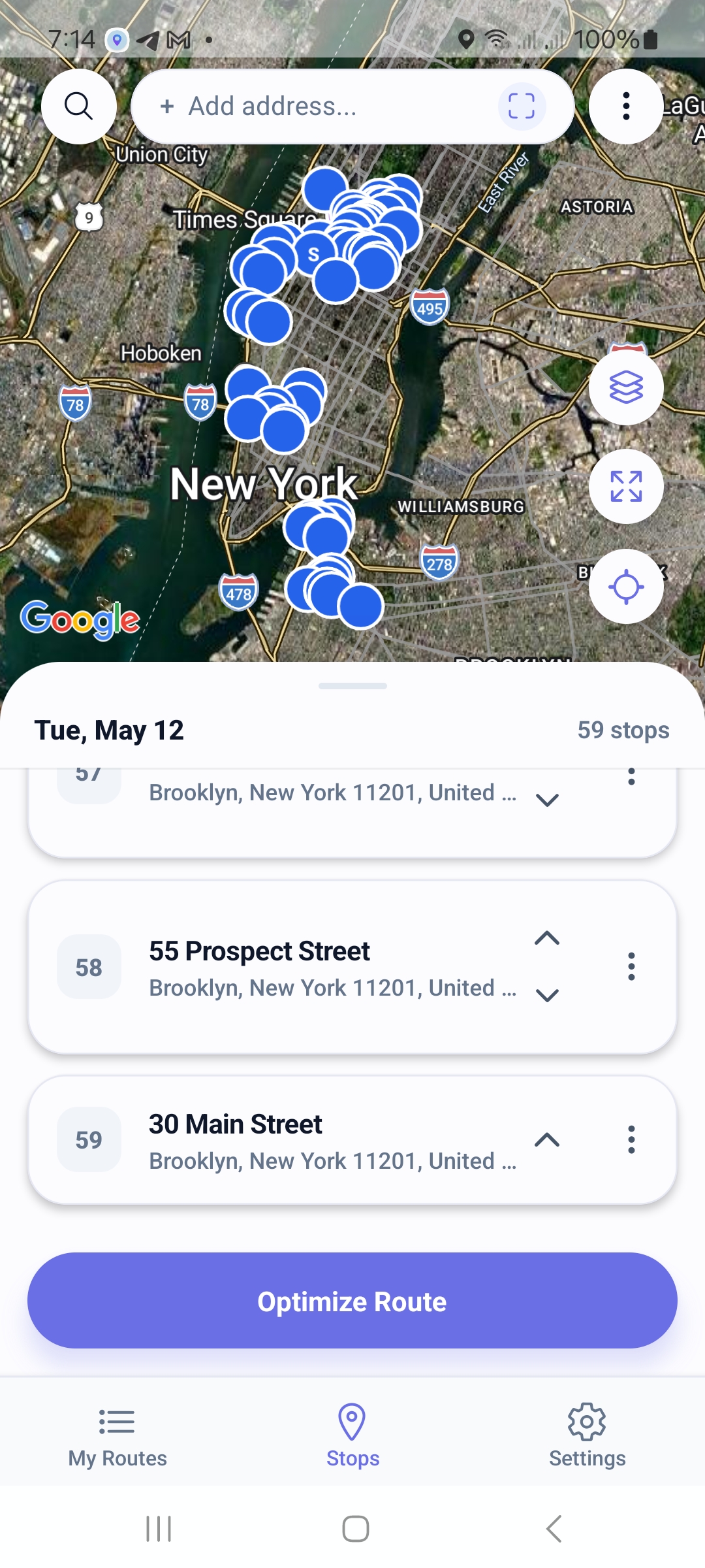 59 delivery stops collected on one map, ready for one-tap multi-stop route optimization