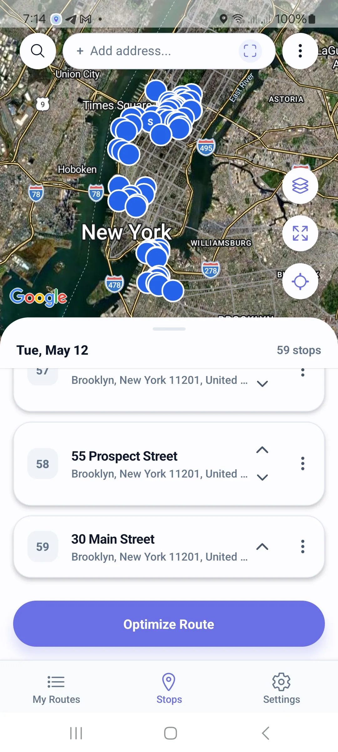 59 delivery stops collected on one map, ready for one-tap multi-stop route optimization